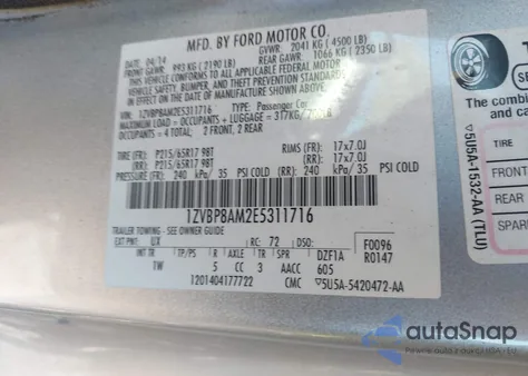 2014 Ford Mustang V6 z USA, uszkodzony, nr VIN 1ZVBP8AM2E5311716